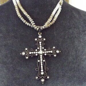 NWT BLACK OPEN WORK CELTIC CROSS 2-STRD AURORA BOREALIS CRYSTALS NECKLACE 2